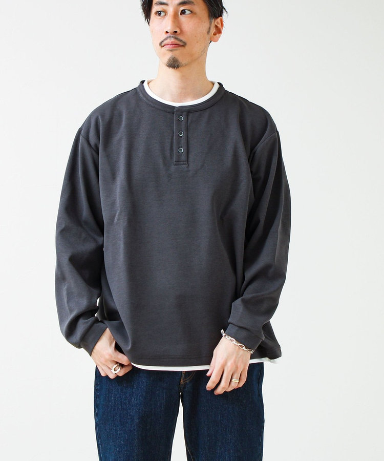 【1枚で完成する】杢ダンボール ヘンリーネックフェイクレイヤー ロンT