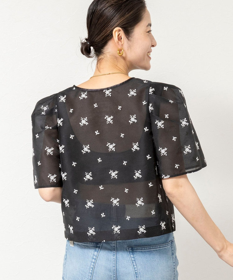 ウォッシャブルオーガンジー刺繍パフスリーブ2WAYブラウス