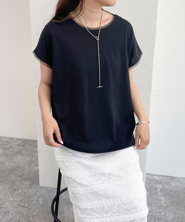 TREFLE+1 チュールティシャツ チュール使いフレンチスリーブTシャツ(4-0328-3-23-010