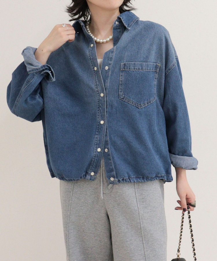 裾ドロストデニム/ホース柄シャツ