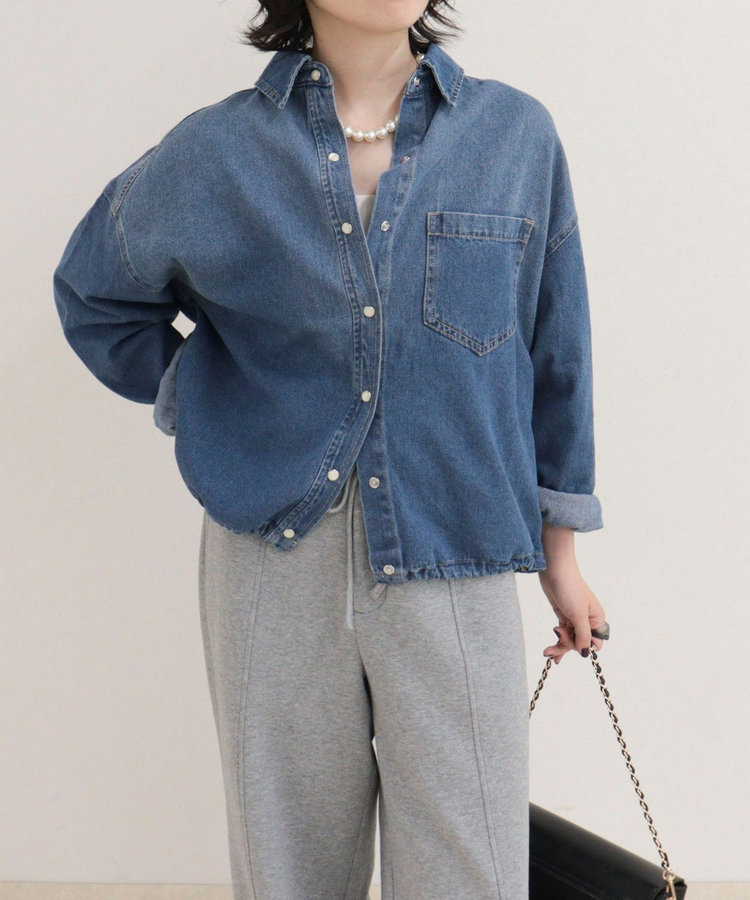 裾ドロストデニム/ホース柄シャツ