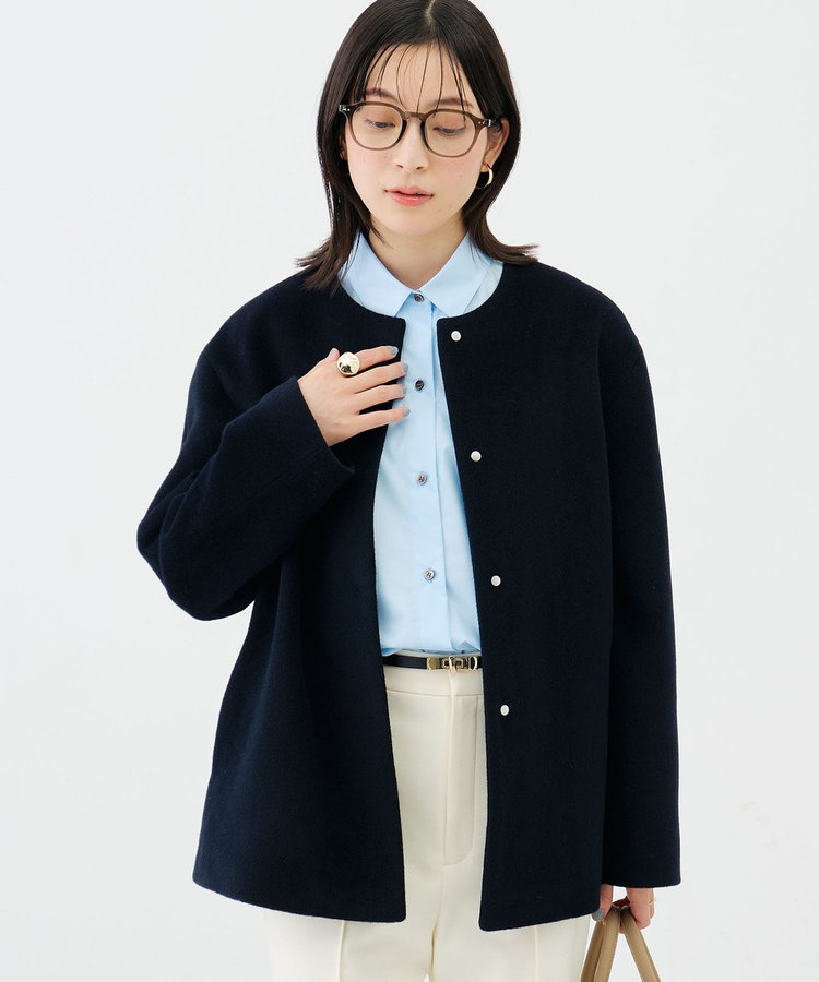 BEAUTY&YOUTH ビーバー ノーカラー ショート コート ネイビー アンゴラビーバーノーカラーショートコート（6-0030-4-08-053