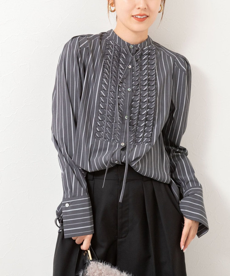 値下げMarilyn Moon タックフリルストライプブラウス MARILYN MOON/マリリーンムーン】タックフリルストライプ