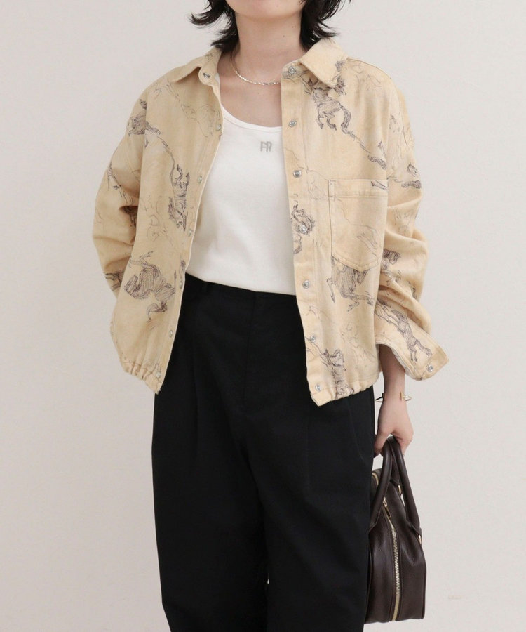 裾ドロストデニム/ホース柄シャツ