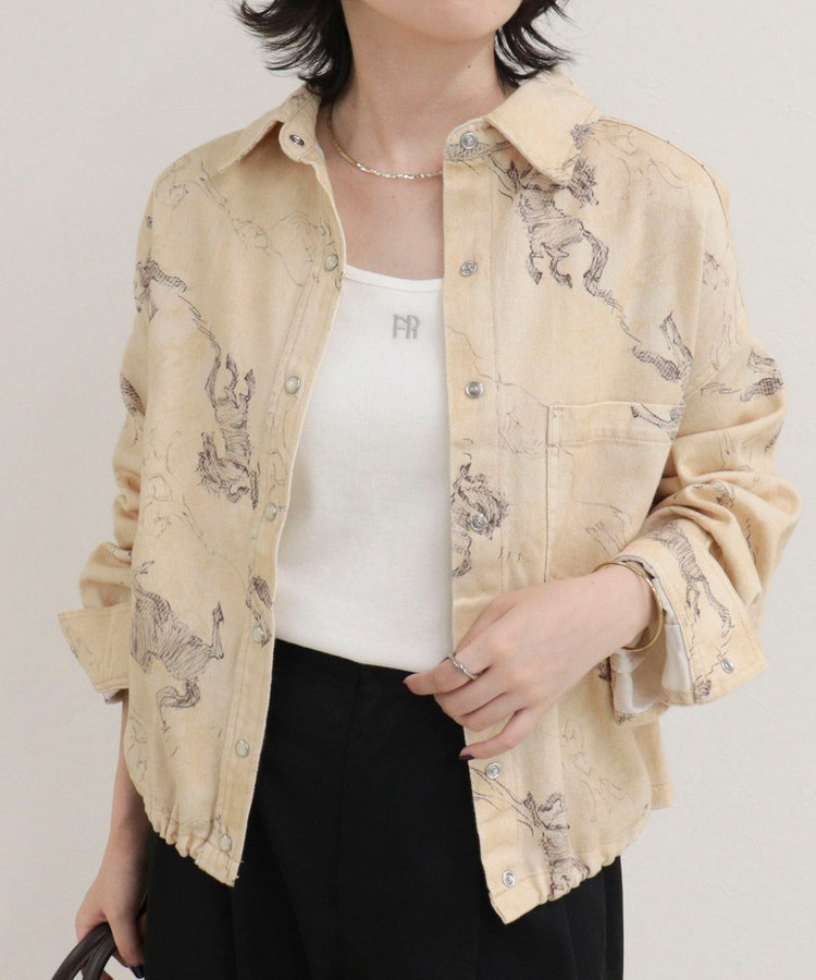裾ドロストデニム/ホース柄シャツ