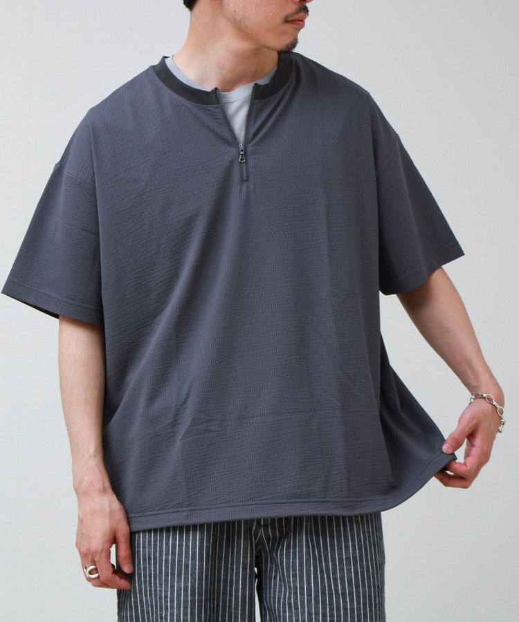 カットサッカー ハーフジップTシャツ