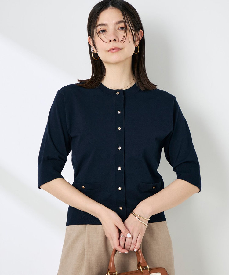 《手洗い可能》エアリーストレッチ5分袖Cネックカーディガン