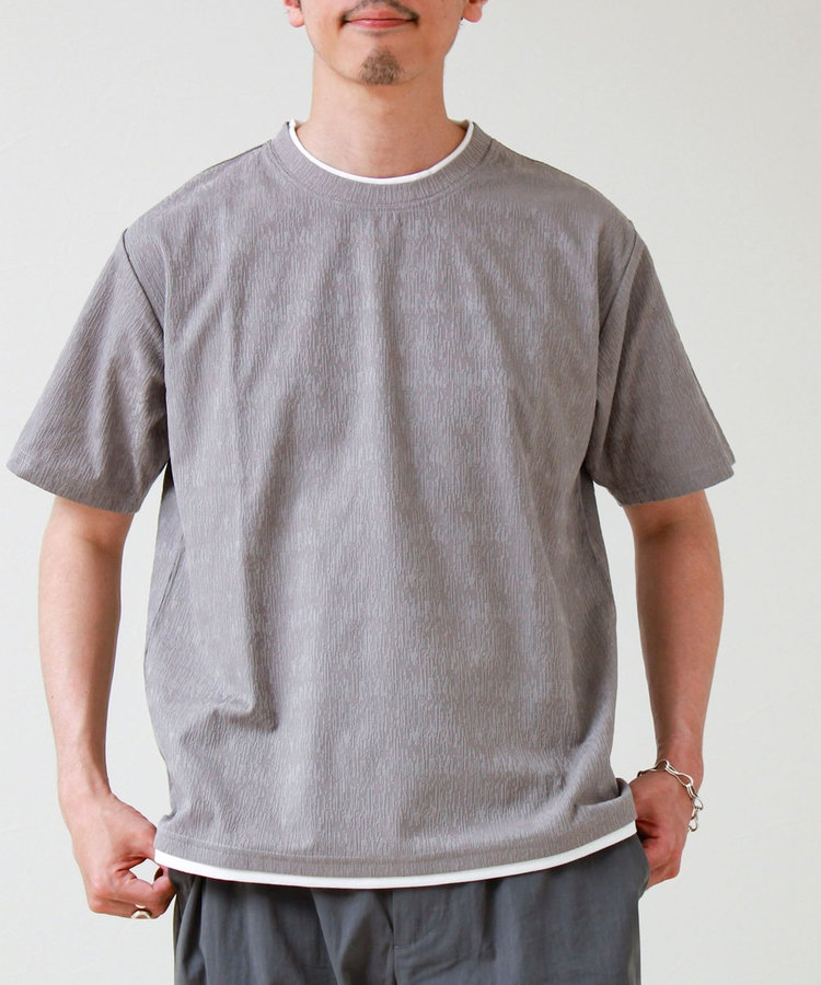 【1枚でレイヤード風】ストライプジャガード フェイクレイヤーTシャツ