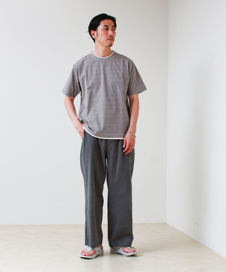 【1枚でレイヤード風】ストライプジャガード フェイクレイヤーTシャツ