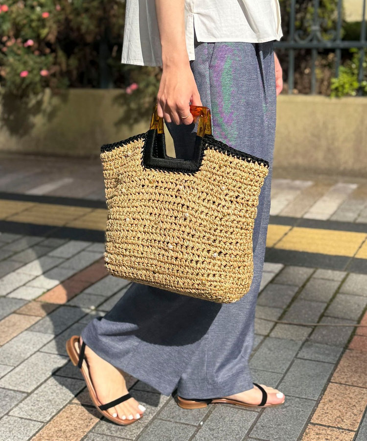 樹脂ハンドルパールビーズ編みバッグ