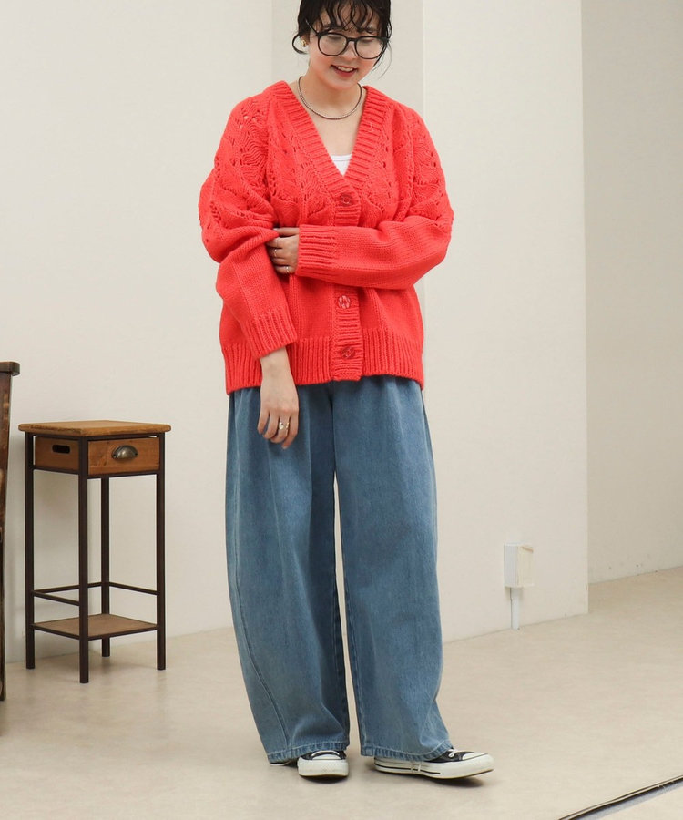 ウール混バルキー柄編みVネックカーディガン