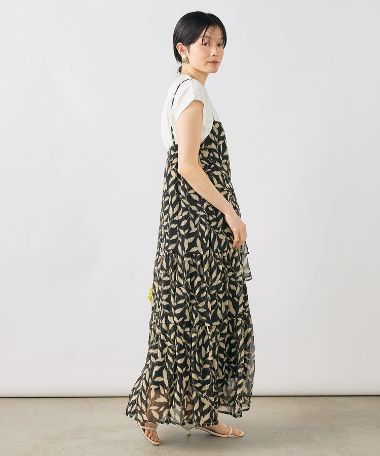 【Import Fabric】ウォッシャブル楊柳リーフ柄ウエストリボンワンピース