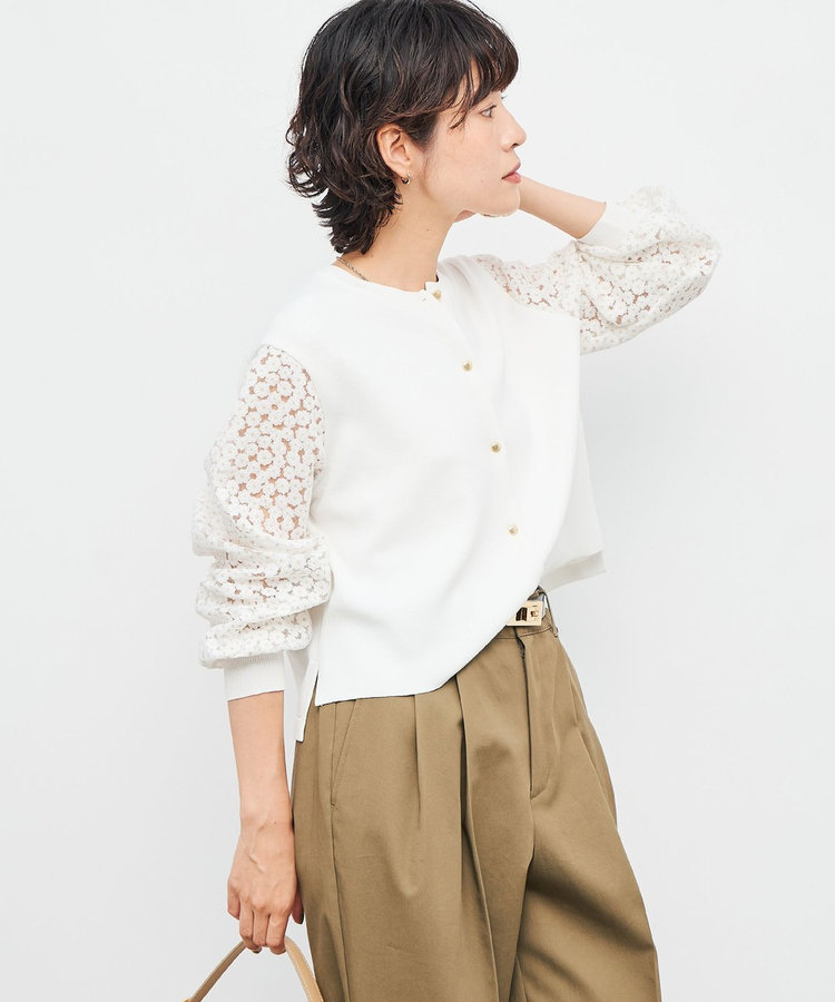 NOLLEY’S◆カーディガン(厚手)/38/ポリエステル/NVY/3-0035-5-02-001/23AW/フワフワクルーネッ 手洗い可能》フラワー刺繍生地袖クルーネックカーディガン（5