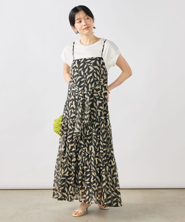 【Import Fabric】ウォッシャブル楊柳リーフ柄ウエストリボンワンピース