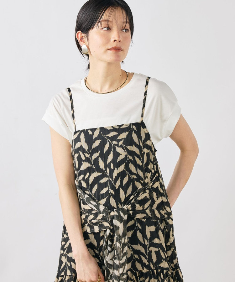 【Import Fabric】ウォッシャブル楊柳リーフ柄ウエストリボンワンピース