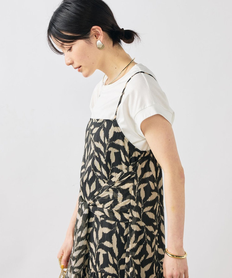 【Import Fabric】ウォッシャブル楊柳リーフ柄ウエストリボンワンピース