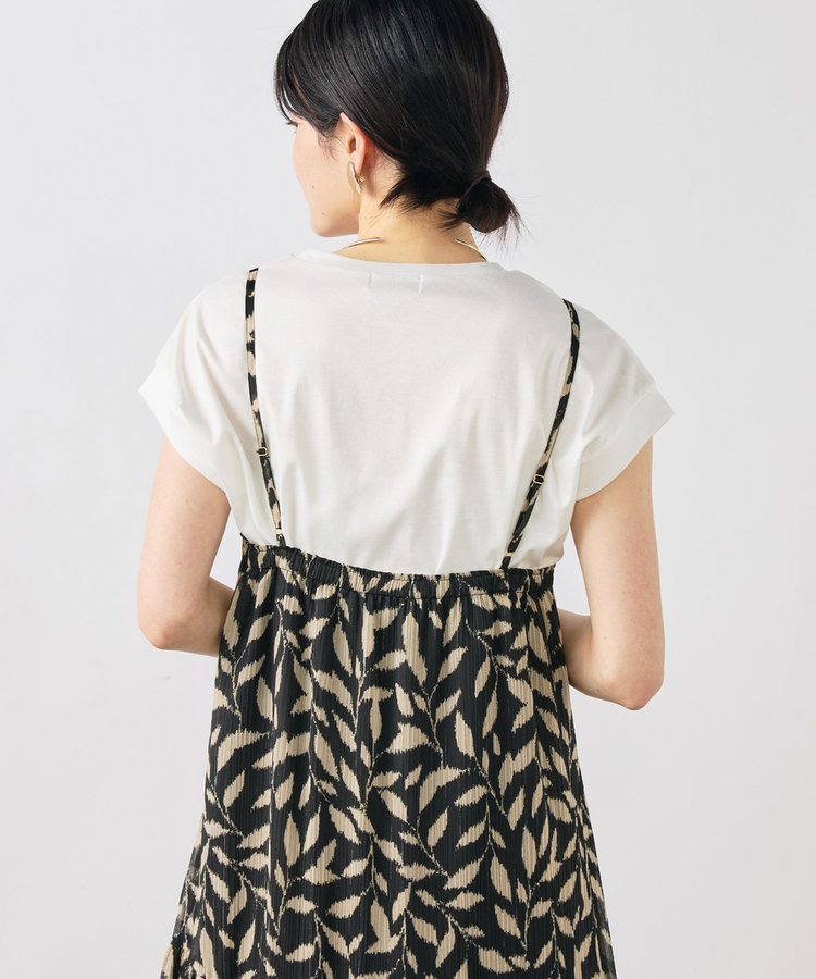 【Import Fabric】ウォッシャブル楊柳リーフ柄ウエストリボンワンピース