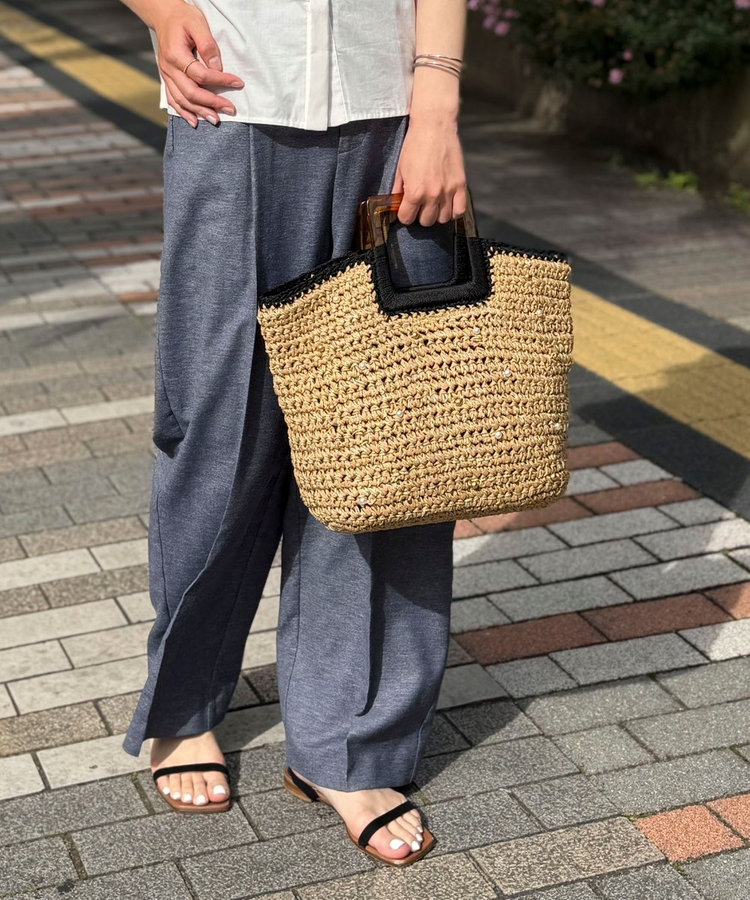 樹脂ハンドルパールビーズ編みバッグ
