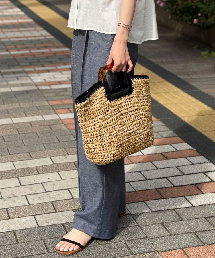 樹脂ハンドルパールビーズ編みバッグ
