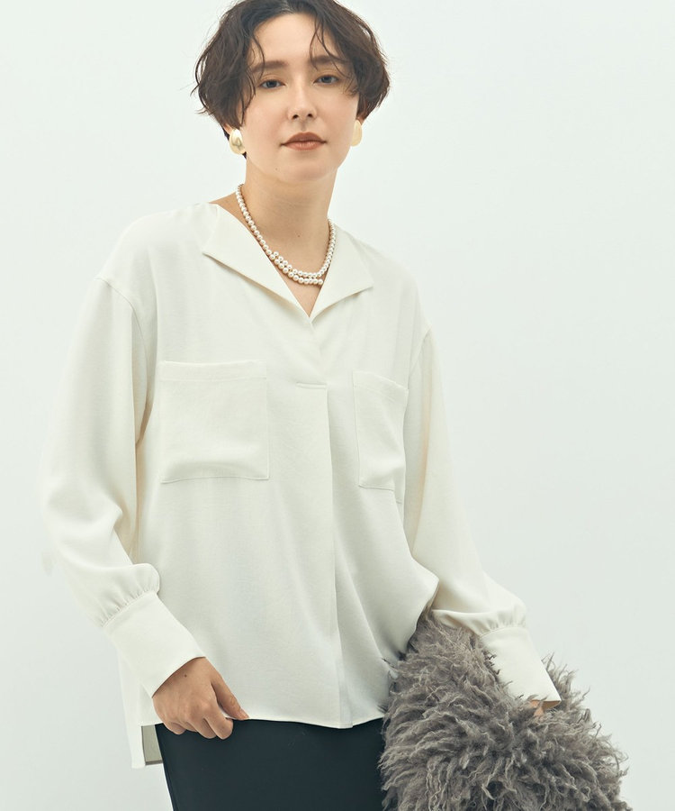 ウォッシャブルバックサテンジョーゼットオープンカラーブラウス（5