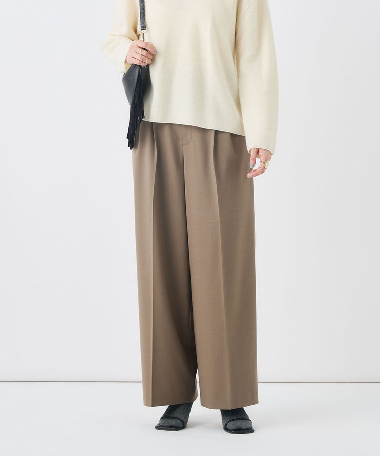 【一部WEB限定サイズ】《抗ピル/防シワ》ウォッシャブルポリウール梳毛タックワイドパンツ