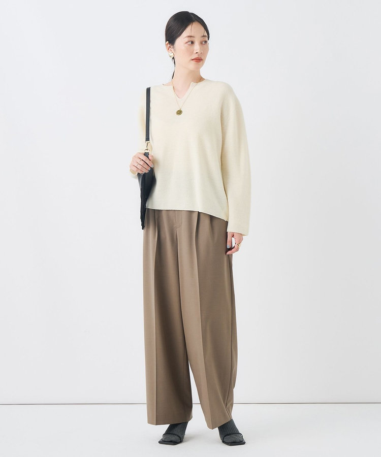 【一部WEB限定サイズ】《抗ピル/防シワ》ウォッシャブルポリウール梳毛タックワイドパンツ