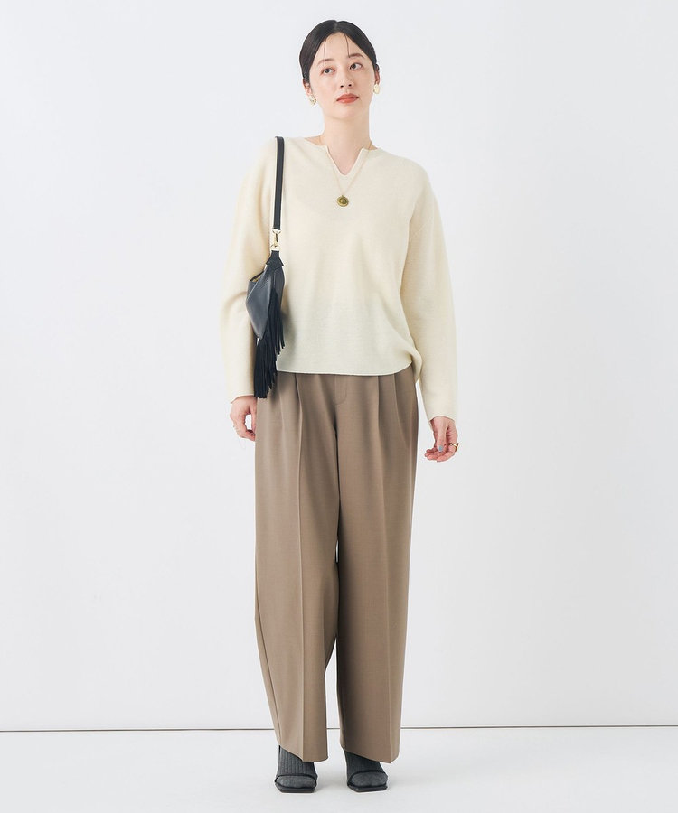 【一部WEB限定サイズ】《抗ピル/防シワ》ウォッシャブルポリウール梳毛タックワイドパンツ