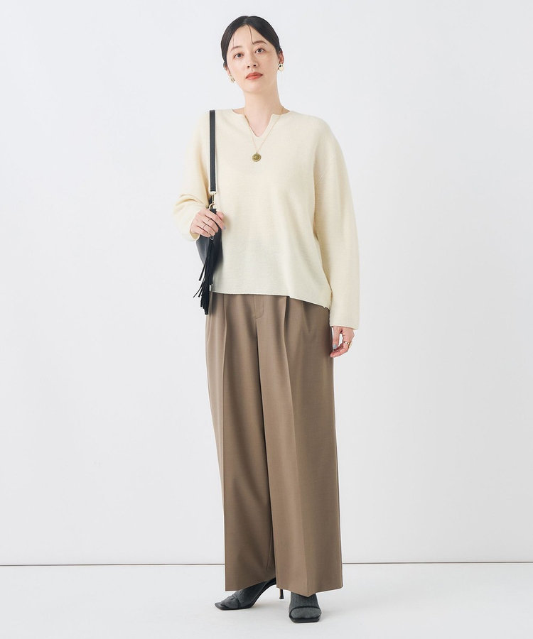 【一部WEB限定サイズ】《抗ピル/防シワ》ウォッシャブルポリウール梳毛タックワイドパンツ