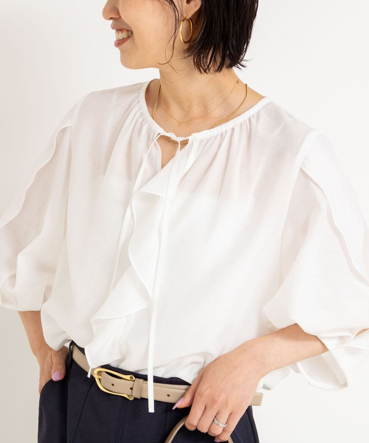 NOBLE 【洗える】スリットスリーブブラウス　ホワイト　新品 NOBLE 【洗える】スリットスリーブブラウス 洗える】スリット