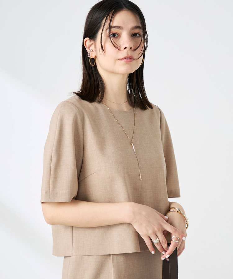 《セットアップ対応》ウォッシャブル麻調5分袖ブラウス