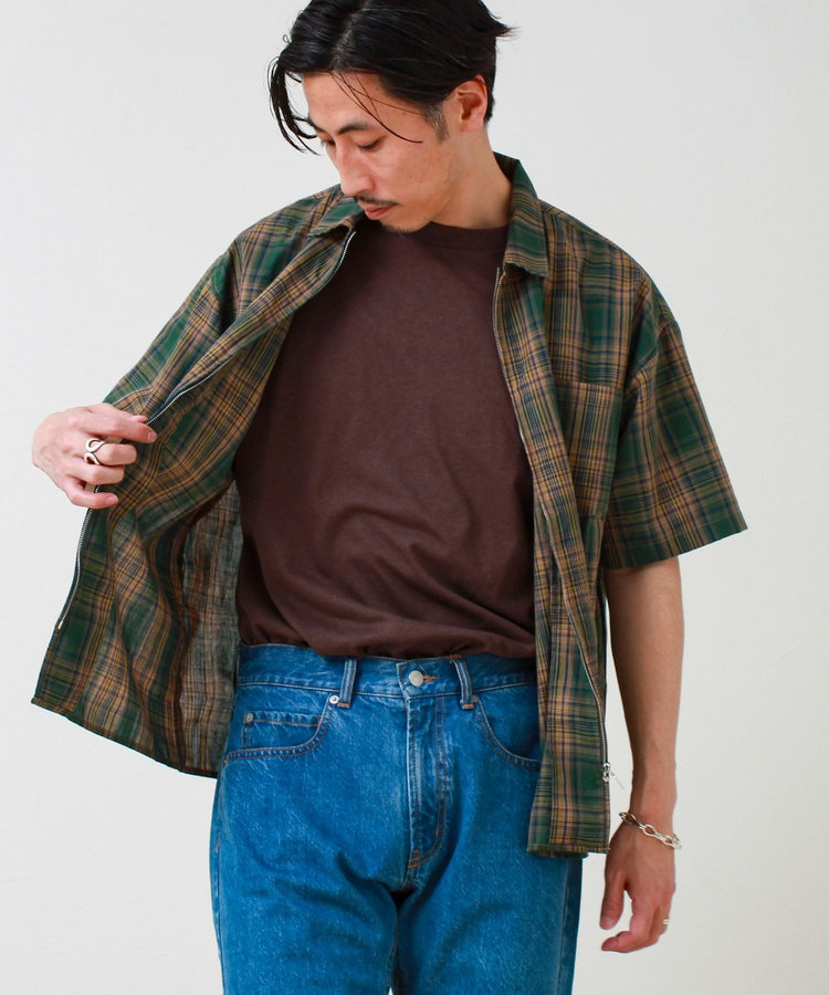 【軽羽織りにおすすめ】シアーチェック 半袖ZIPシャツ