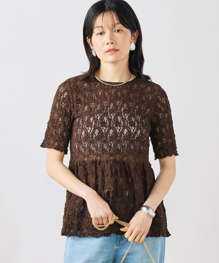 ［WEB限定 SPECIAL SALE！］ウォッシャブルストレッチレースペプラム半袖プルオーバー