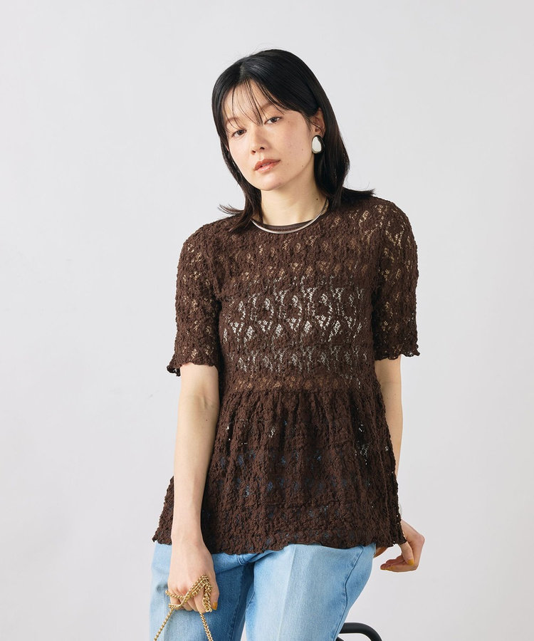 ［WEB限定 SPECIAL SALE！］ウォッシャブルストレッチレースペプラム半袖プルオーバー
