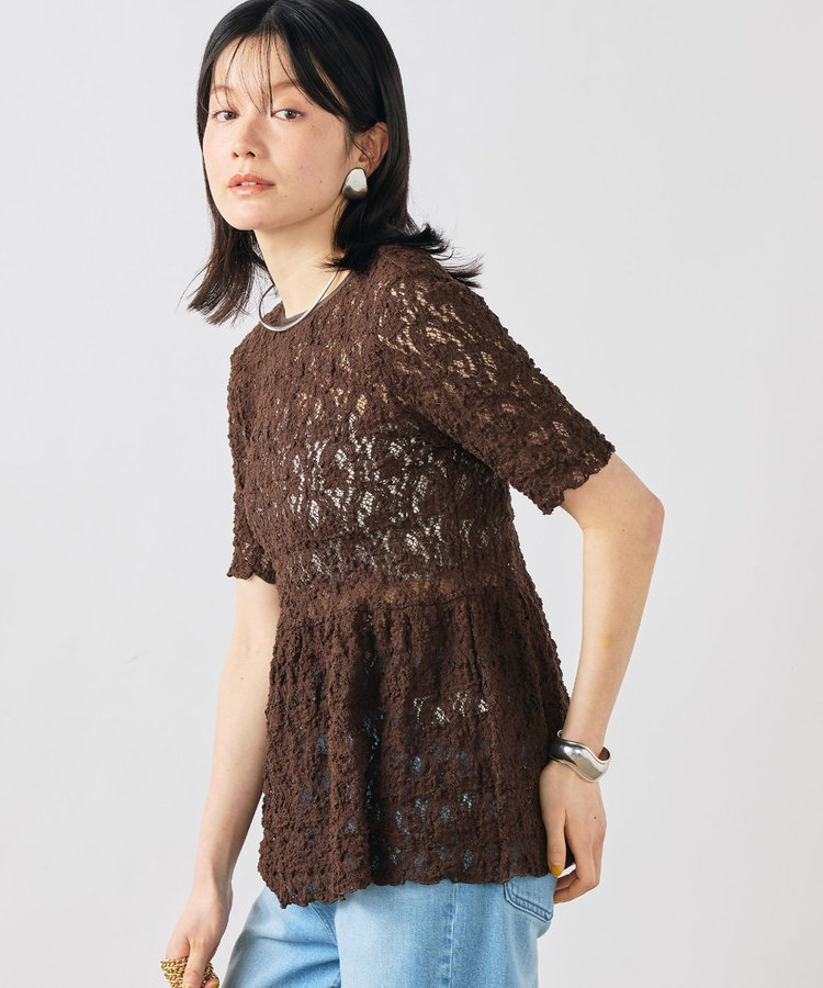 ［WEB限定 SPECIAL SALE！］ウォッシャブルストレッチレースペプラム半袖プルオーバー