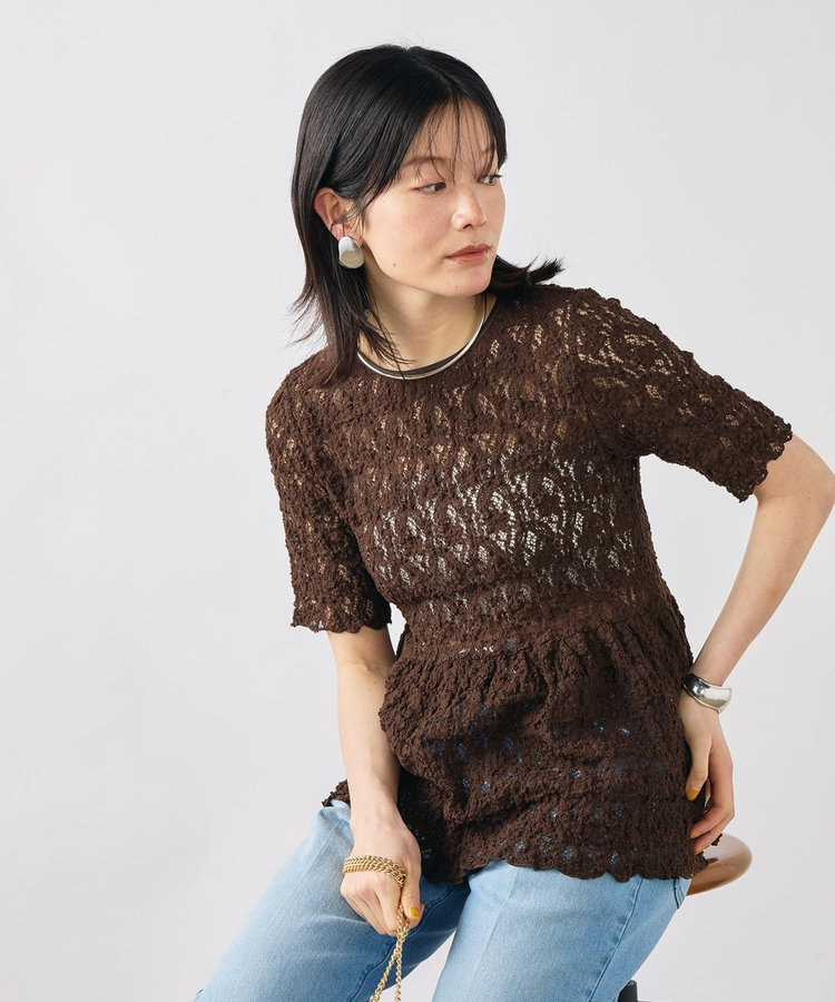［WEB限定 SPECIAL SALE！］ウォッシャブルストレッチレースペプラム半袖プルオーバー