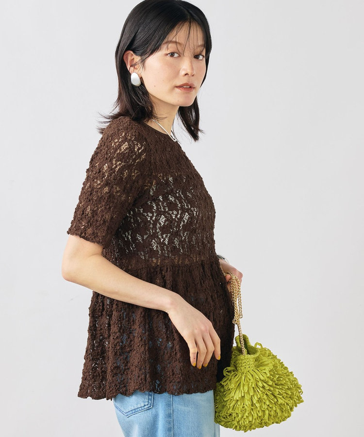 ［WEB限定 SPECIAL SALE！］ウォッシャブルストレッチレースペプラム半袖プルオーバー