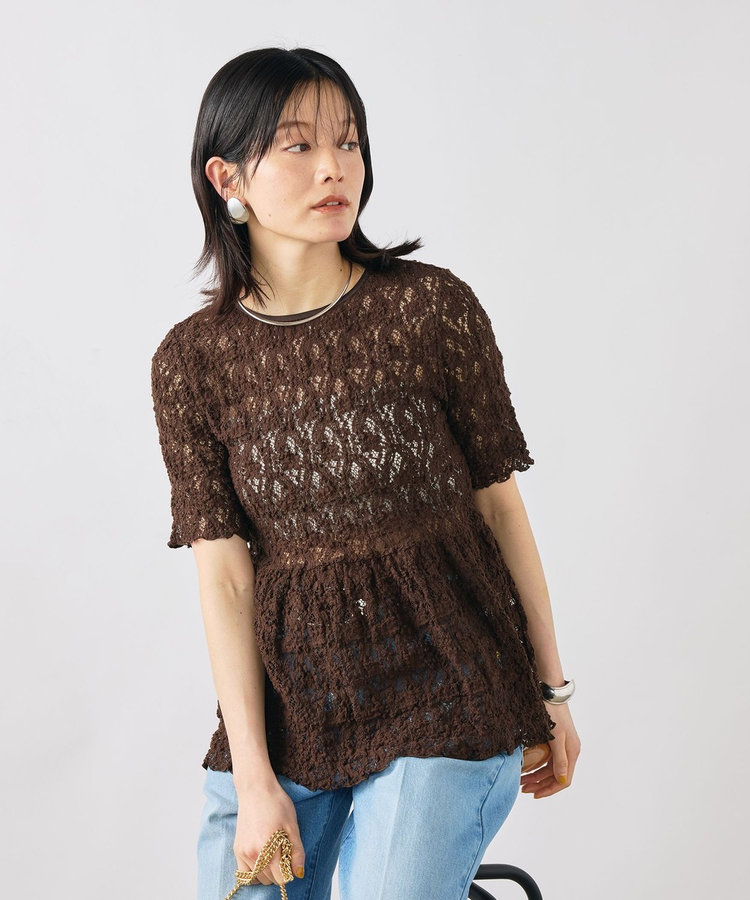 ［WEB限定 SPECIAL SALE！］ウォッシャブルストレッチレースペプラム半袖プルオーバー