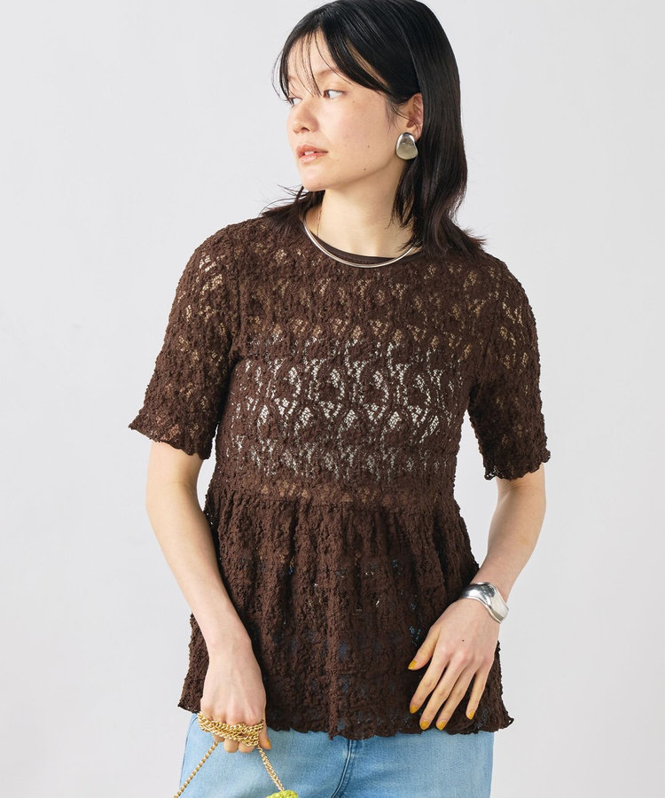 ［WEB限定 SPECIAL SALE！］ウォッシャブルストレッチレースペプラム半袖プルオーバー