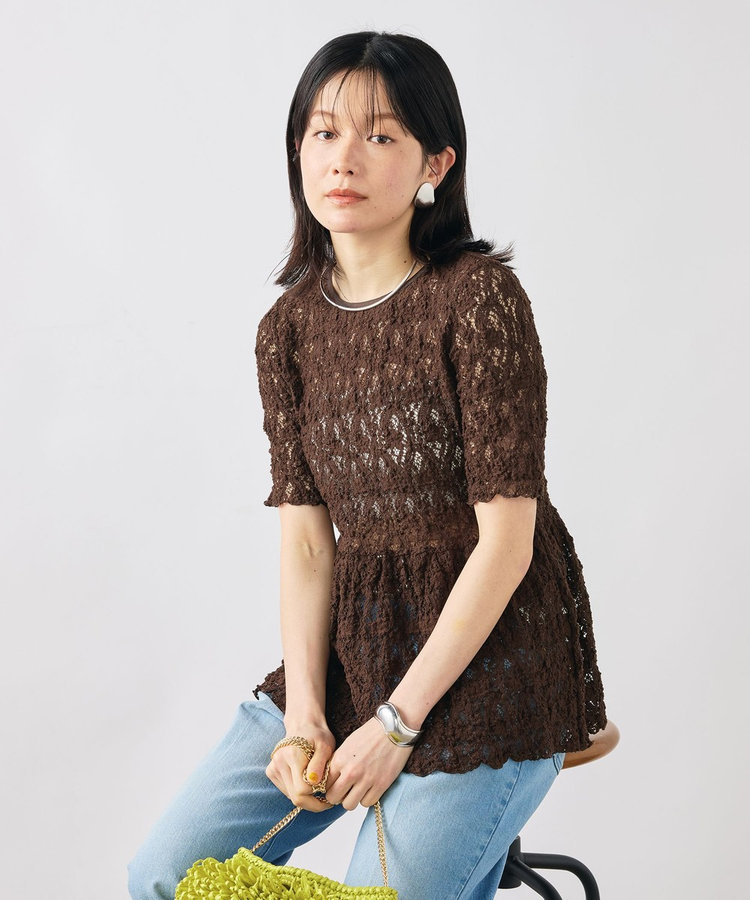 ［WEB限定 SPECIAL SALE！］ウォッシャブルストレッチレースペプラム半袖プルオーバー