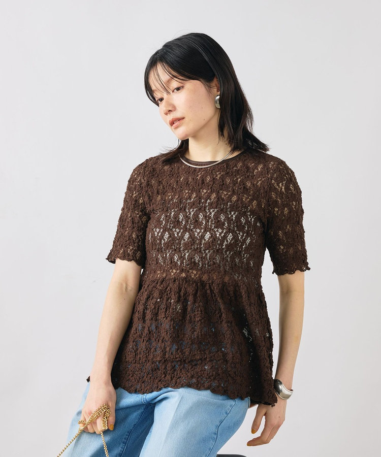 ［WEB限定 SPECIAL SALE！］ウォッシャブルストレッチレースペプラム半袖プルオーバー