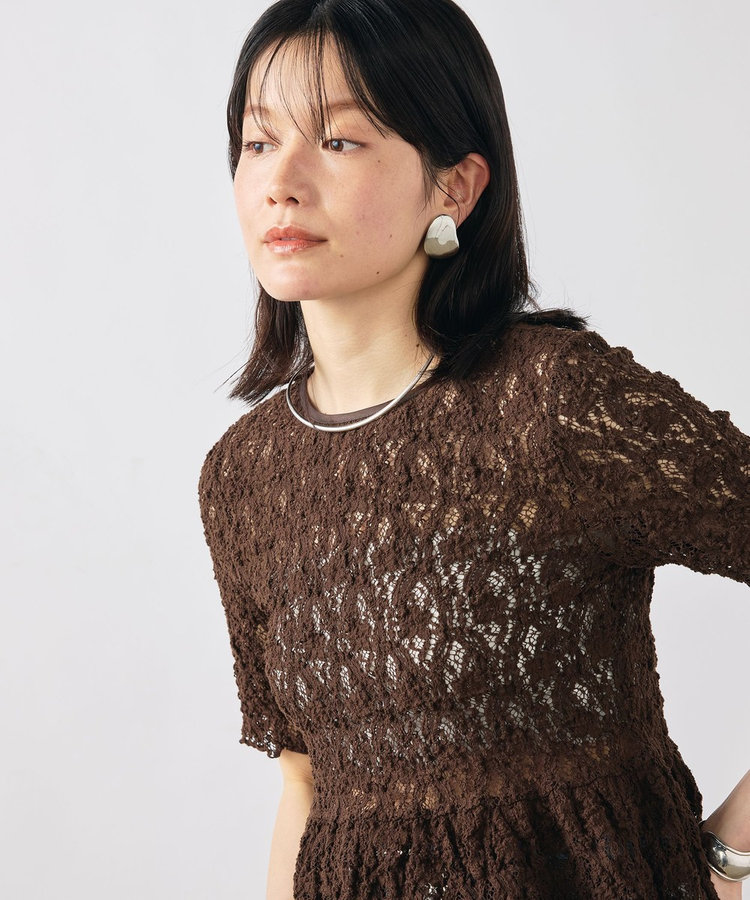 ［WEB限定 SPECIAL SALE！］ウォッシャブルストレッチレースペプラム半袖プルオーバー