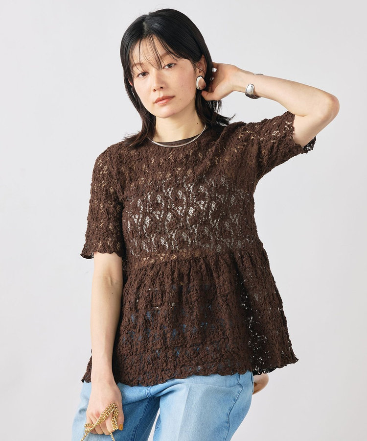 ［WEB限定 SPECIAL SALE！］ウォッシャブルストレッチレースペプラム半袖プルオーバー
