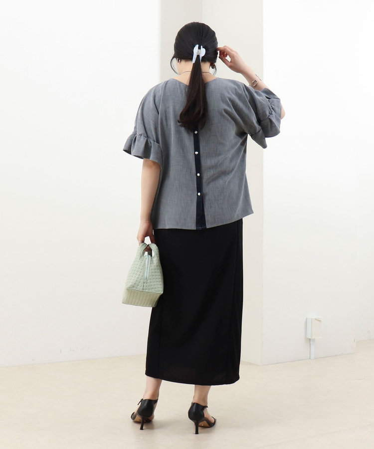 《セットアップ対応》リネンライクシャンブレーフリルスリーブブラウス
