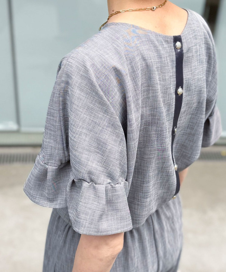 《セットアップ対応》リネンライクシャンブレーフリルスリーブブラウス