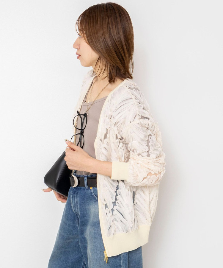 《手洗い可能》チュール刺繍ZIPカーディガン