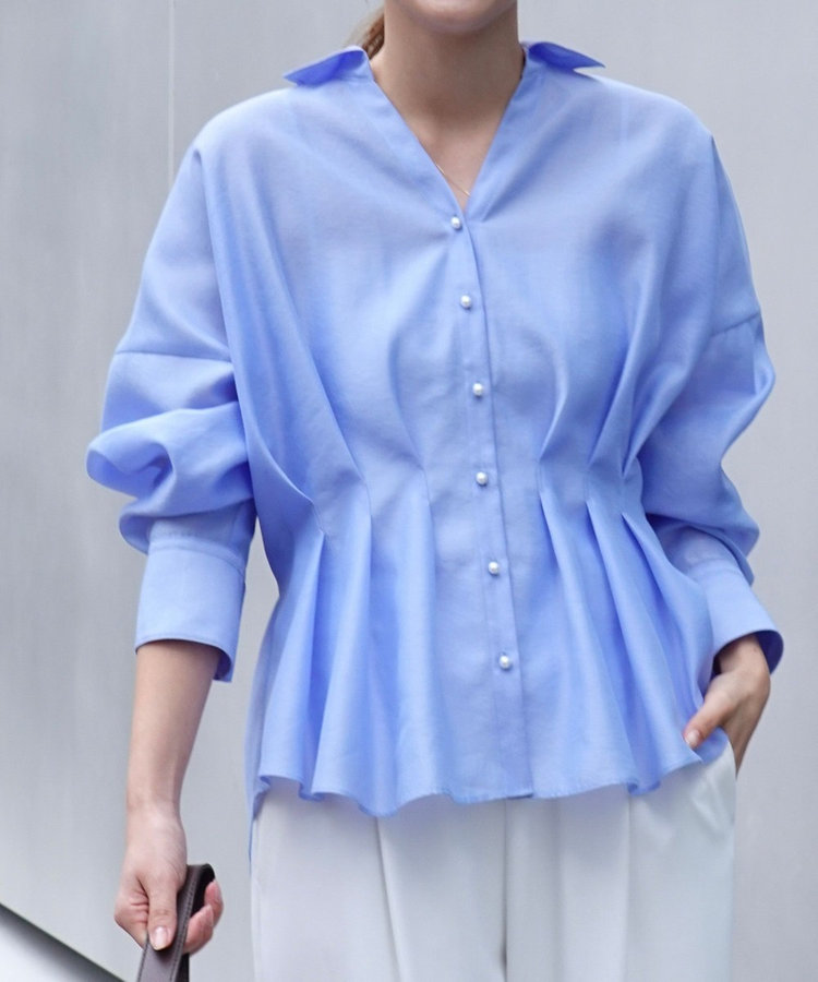 ウォッシャブルパール釦スキッパータックブラウス