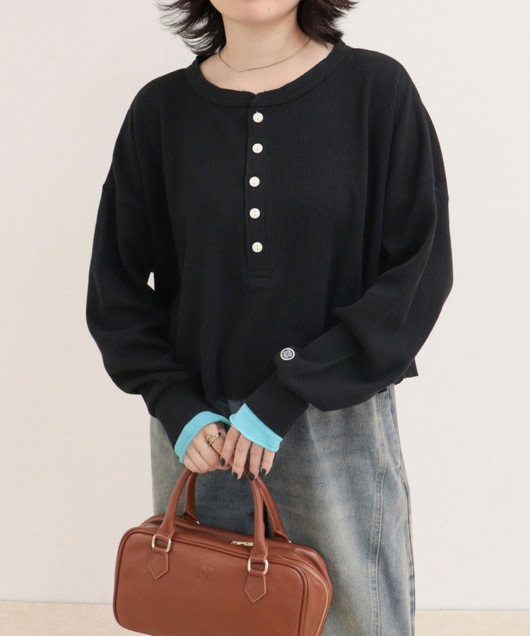 45R45rpm 刺繍ワッフルのヘンリー WEB限定》【DISCUS /ディスカス】ワッフルヘンリーネックロンTシャツ