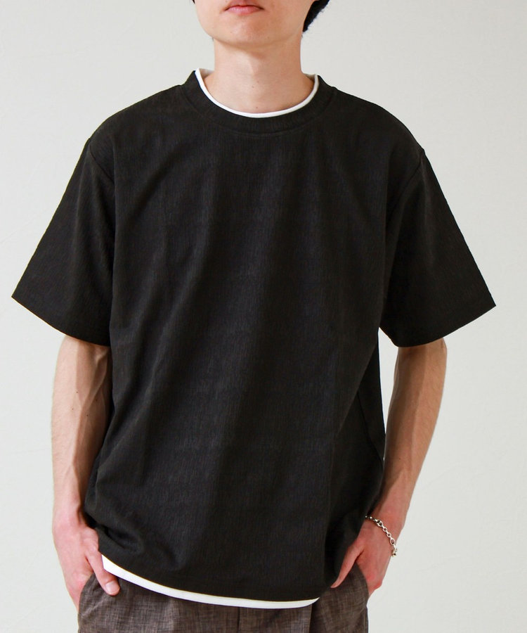 【1枚でレイヤード風】ストライプジャガード フェイクレイヤーTシャツ