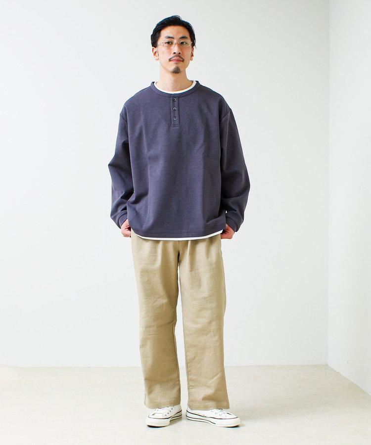 【1枚で完成する】杢ダンボール ヘンリーネックフェイクレイヤー ロンT