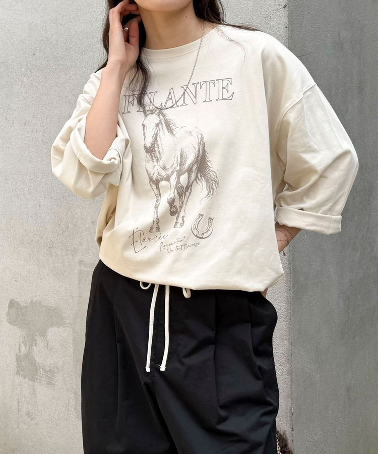 ホースプリント裾ドロストTシャツ